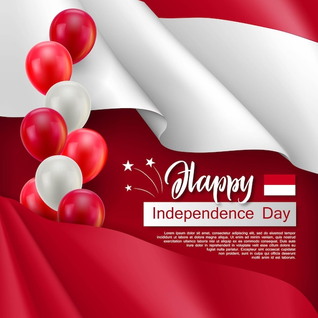 Happy Indonesian Independence day festive poster Political holiday celebrated 17th of August Patriotic vector concept with realistic waving indonesian flag and national colors helium balloons