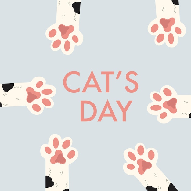 happy international cat day cute white cats paws on a blue background pink cute inscription