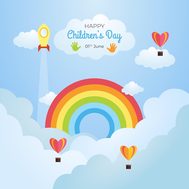 Happy International Children Day illustration with rainbow and air balloon on blue sky background