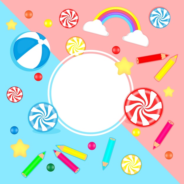 Поздравительная открытка с международным днем защиты детей или дизайн плаката детские игрушки карандаши конфеты радужный шар обои печать векторная иллюстрация
