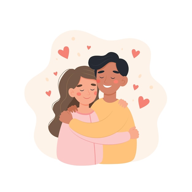 Vector happy international couple concept man and woman of different nationalities hugging each other cute vector illustration in flat cartoon style