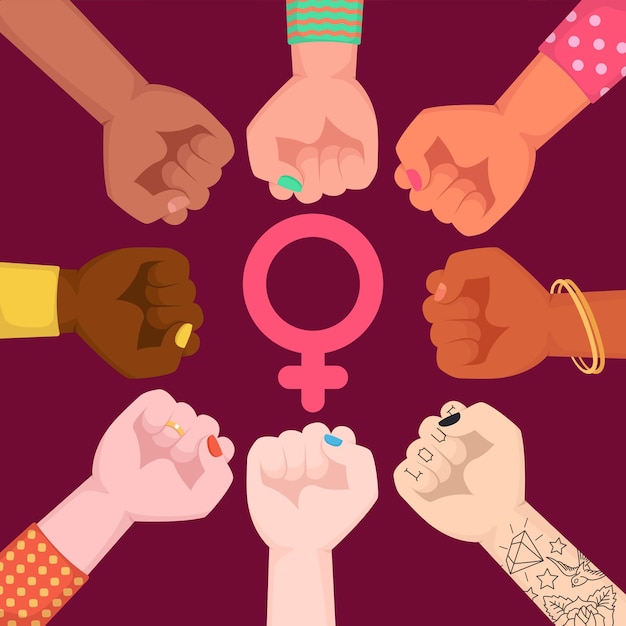 Vector happy international women's day. woman fists raised embracing women power.