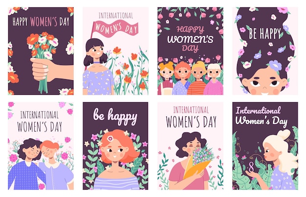 Carte felici per la giornata internazionale della donna 8 marzo che celebrano poster simpatici personaggi femminili con mazzi di fiori set di illustrazioni vettoriali copertine per la giornata internazionale della donna ragazze con disegno floreale