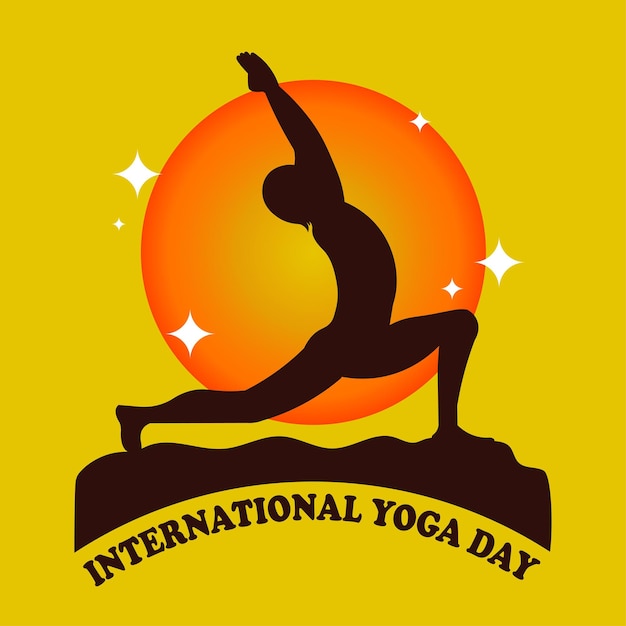 Happy international yoga day 21 june poster logo background virabhadrasana warrior pose asana vector design