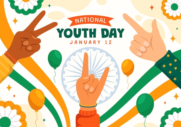 Happy international youth day of india vector illustration with indian flag and young boys or girls