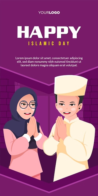 Vector happy islamic day poster concept with muslim people cartoon character