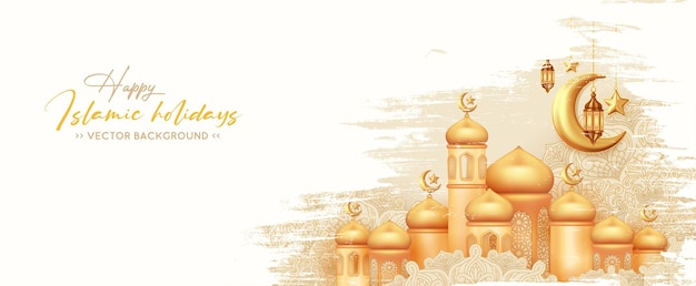 Happy Islamic holidays banner with with golden mosque