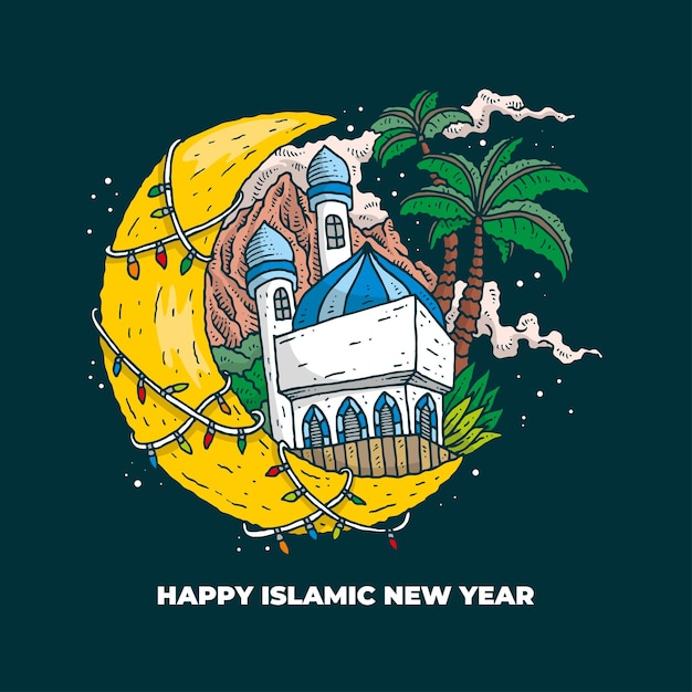 Happy islamic new year cartoon illustration with mosque image