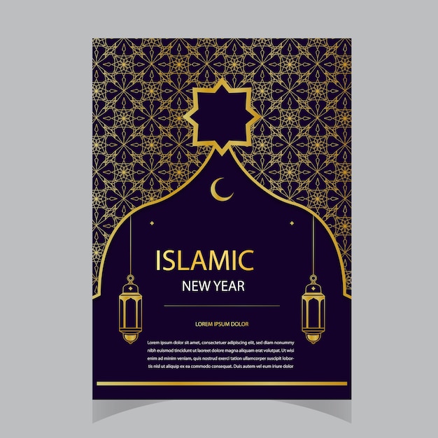 Vector happy islamic new year poster concept with mosque and fireworks background