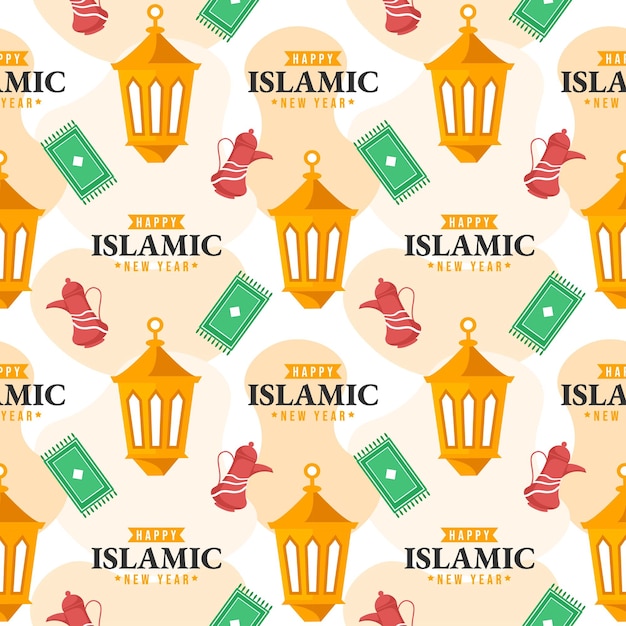 Happy Islamic New Year Seamless Pattern Design Flat Illustration with Muslims Elements