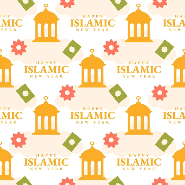 Happy islamic new year seamless pattern illustration with muslims elements in template hand drawn