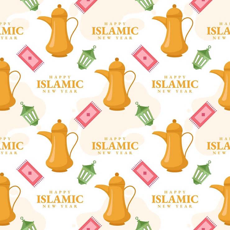Vector happy islamic new year seamless pattern illustration with muslims elements in template hand drawn