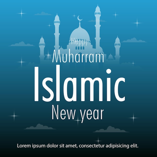 happy islamic new year with majestic mosque symbol and bright blue color