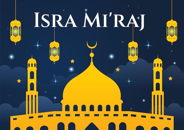 快乐的伊斯拉·米拉吉·纳比·穆罕默德·萨夫 (Happy Isra Miraj Nabi Muhammad SAW) 模板手绘卡通平面插图