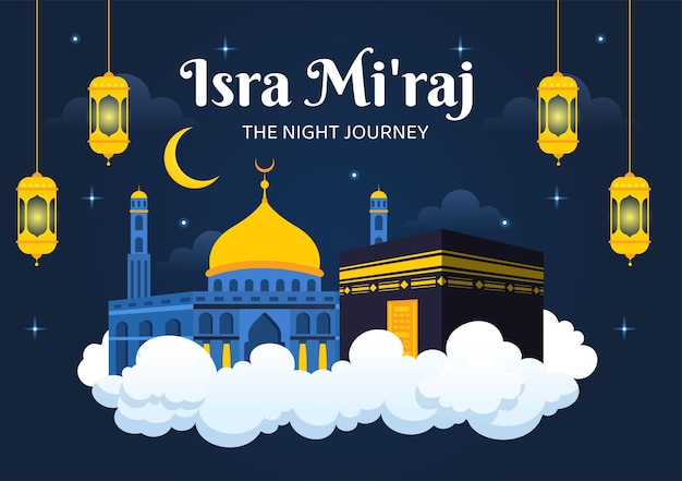 happy isra miraj nabi muhammad saw template hand drawn cartoon flat illustration