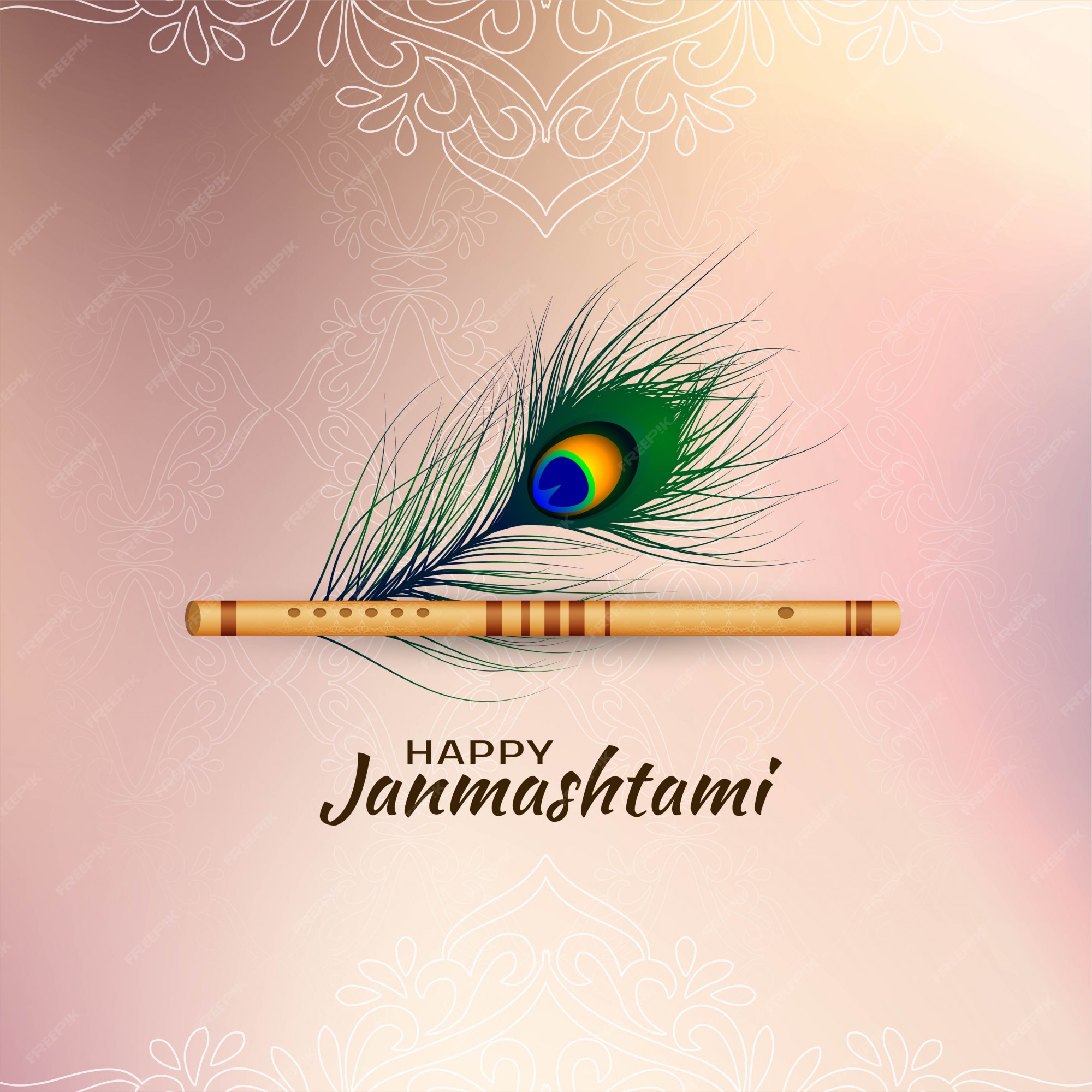 Premium Vector Happy Janmashtami card with peacock feather and flute