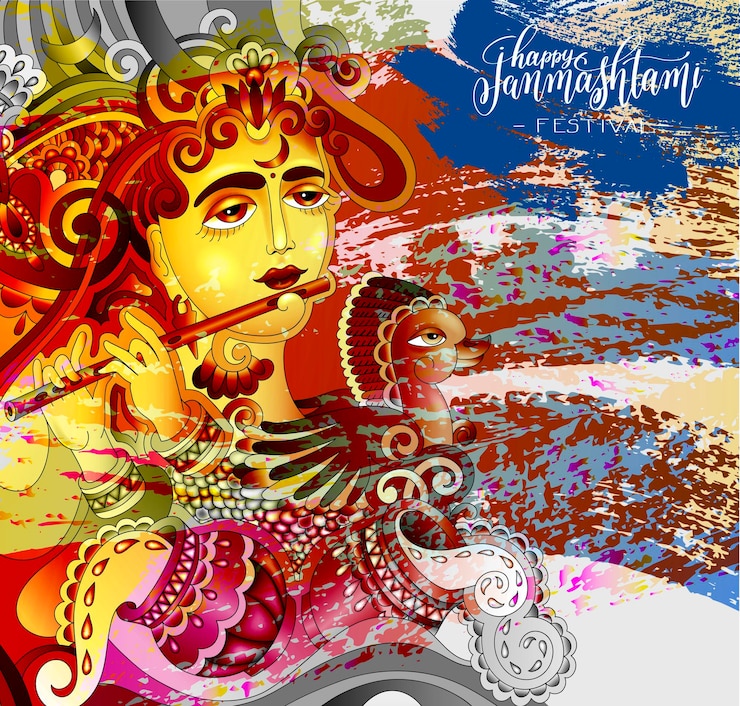 Vector happy janmashtami celebration design greeting card with a picture of a krishna who