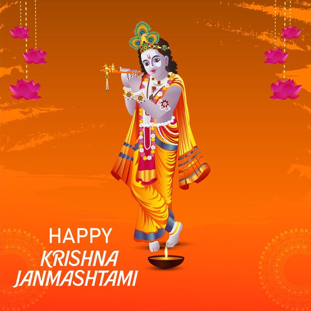 Happy janmashtami celebration greeting card with lord krishna illustration