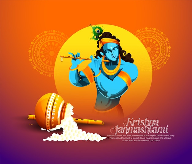 Happy janmashtami festival background of india, illustration of lord krishna playing bansuri (flute)