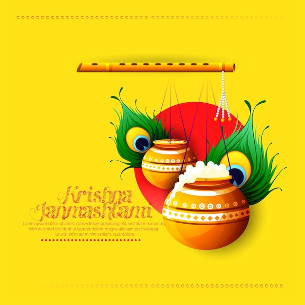 Happy janmashtami festival background of india, illustration of lord krishna playing bansuri (flute)