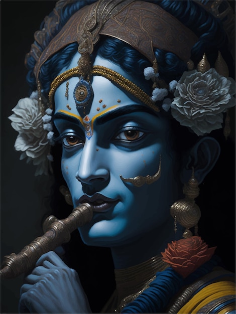 バンスリ・マカン・マトキを演奏するクリシュナ神の幸せなジャンマシュタミのイラスト