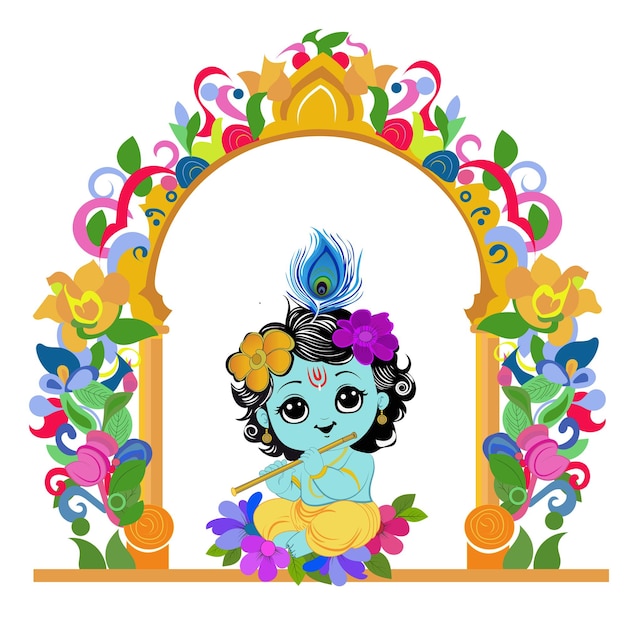 Vector happy janmashtami with lord krishna hand playing bansuri card background
