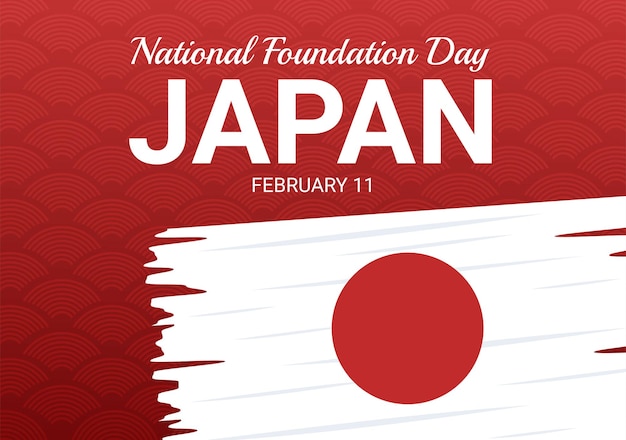 Happy japan national foundation day l'11 febbraio con i punti di riferimento giapponesi e la bandiera nell'illustrazione