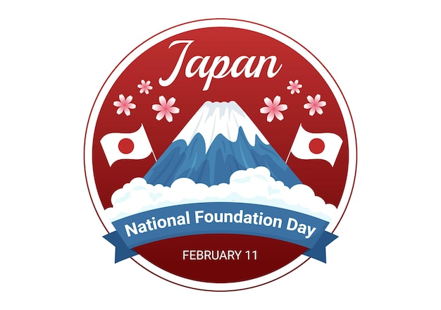 2월 11일 일본의 랜드마크와 국기가 그려진 해피 일본 건국 기념일