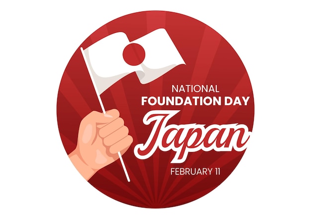 Happy japan national foundation day l'11 febbraio con i punti di riferimento giapponesi e la bandiera nell'illustrazione