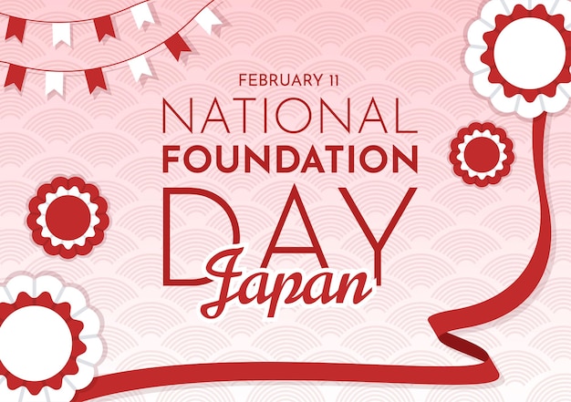 Happy Japan National Foundation Day on February 11 with Japanese Landmarks and Flag in Illustration