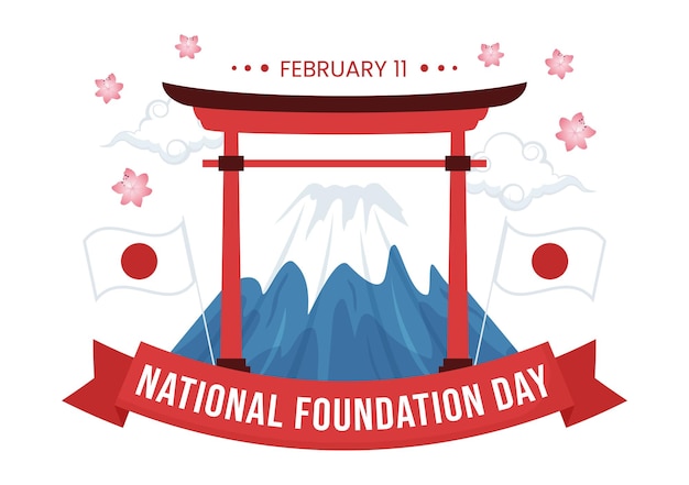 ベクトル 2 月 11 日の建国記念日おめでとう、日本のランドマークとイラストの旗