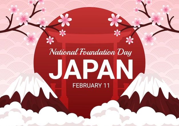 Happy Japan National Foundation Day op 11 februari met Japanse oriëntatiepunten en vlag in illustratie