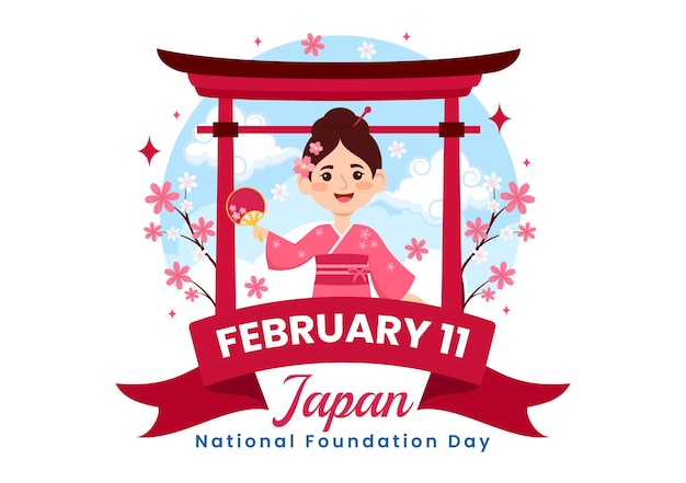 Illustrazione vettoriale di happy japan national foundation day con famosi monumenti e bandiere giapponesi