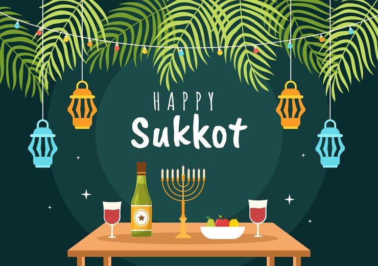 वेक्टर सुक्का और सजावट पृष्ठभूमि के साथ हैप्पी यहूदी हॉलिडे सुक्कोट हाथ से खींचा गया कार्टून चित्रण