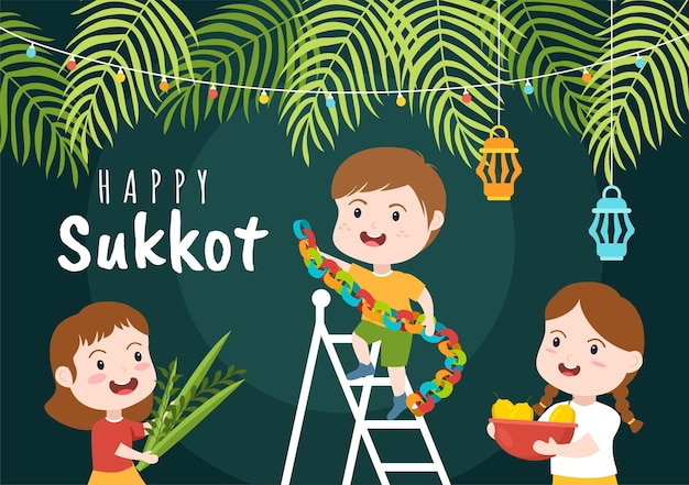 Felice festa ebraica sukkot fumetto disegnato a mano con sukkah e sfondo decorativo