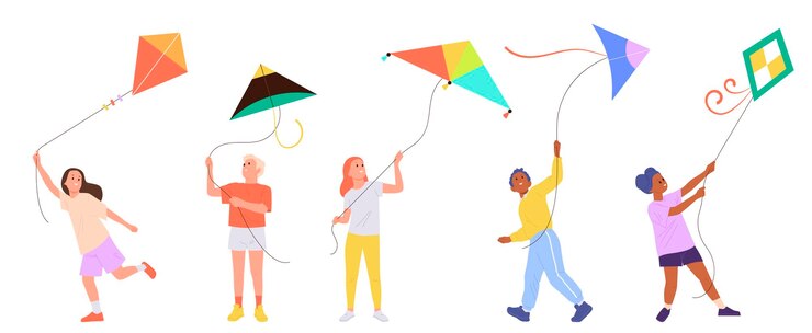 Vector happy joyful boys and girls children cartoon characters playing with flying kite isolated on white
