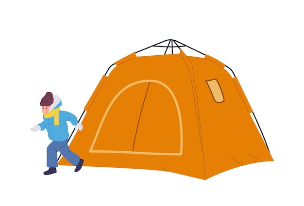 Vector happy joyful little boy child cartoon character having fun and playing nearby winter camp tent