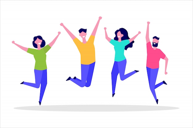 Vector happy jumping group of people.  healthy lifestyle, friendship, success, celebrating victory concept.  illustration