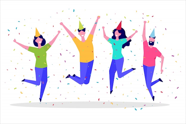 Happy Jumping группа людей. Здоровый образ жизни, дружба, успех, празднование победы концепции. иллюстрация