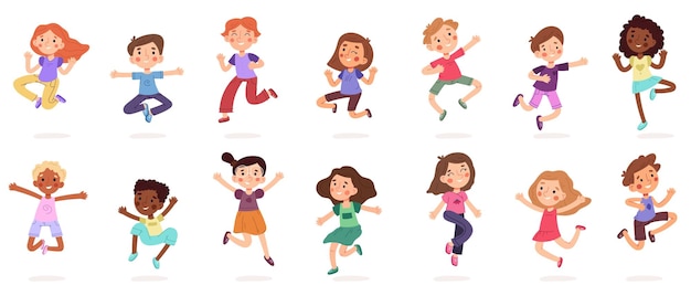 Happy jumping kids cute active cartoon children characters Little kids different activities vector illustration set Children having fun and laughting together Happy boy and girl