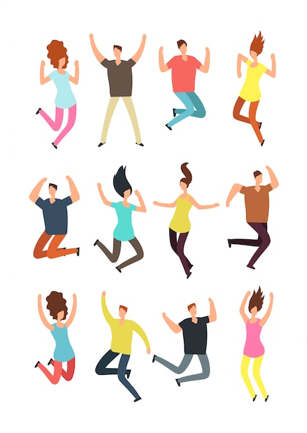 Vector happy jumping people. excited man and woman in jump. flying persons vector characters isolated