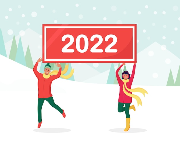 Happy jumping people hold signs or placard with numbers 2022. Group of friends wish Merry Christmas and happy New Year. Holiday greeting. Cheerful people celebrating xmas