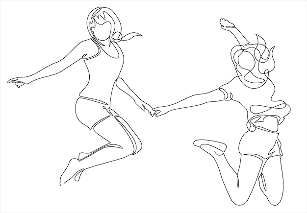 Happy jumping two girls. Continuous line drawing. Vector illustration