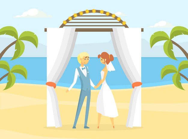 Vettore una coppia appena sposata felice alla cerimonia nuziale sposi romantici personaggi di beach resort illustrazione vettoriale