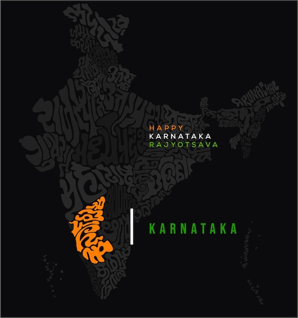 Happy karnataka rajotsava map typography in kannada script and indian map states.