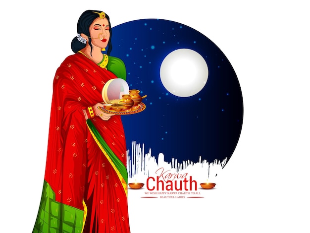 Карточка фестиваля happy karwa chauth с karwa chauth - это однодневный фестиваль, отмечаемый индуистскими женщинами.