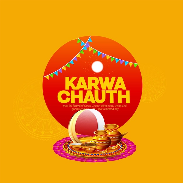 Karwa Chauth가 있는 Happy Karwa Chauth 축제 카드는 힌두교 여성들이 축하하는 하루 축제입니다.