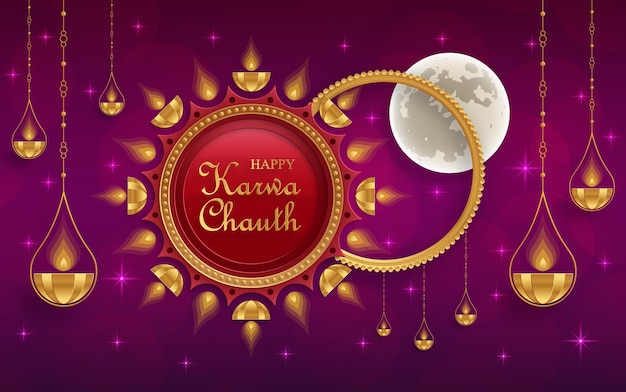 Happy karwa chauth festival the hindu festival with oriental elements for idian festival