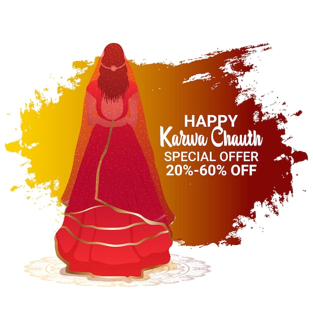 Happy karwa chauth indian festival celebration card with indian bride