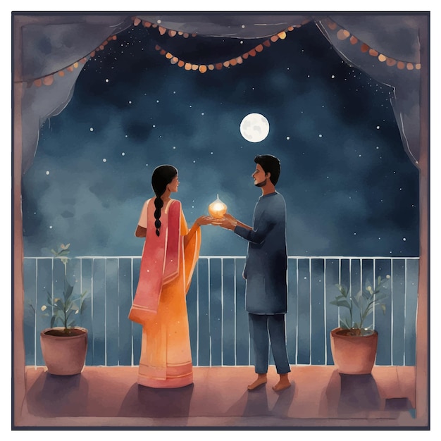 Vector happy karwachauth vector illustration watercolor indian bride and groom traditional ritual